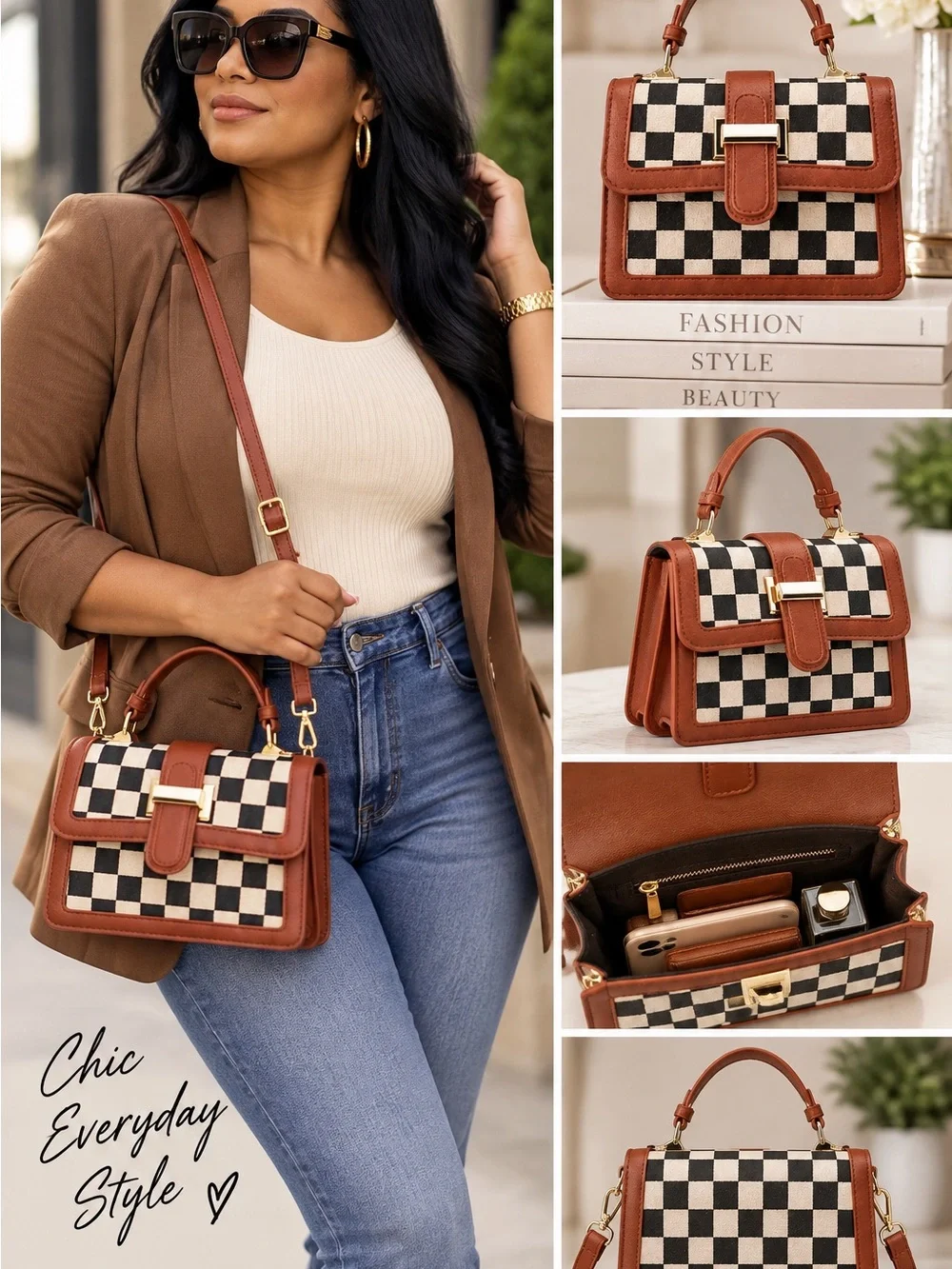 Vegan Leather-Trim Checkerboard Top Handle Bag in Brown